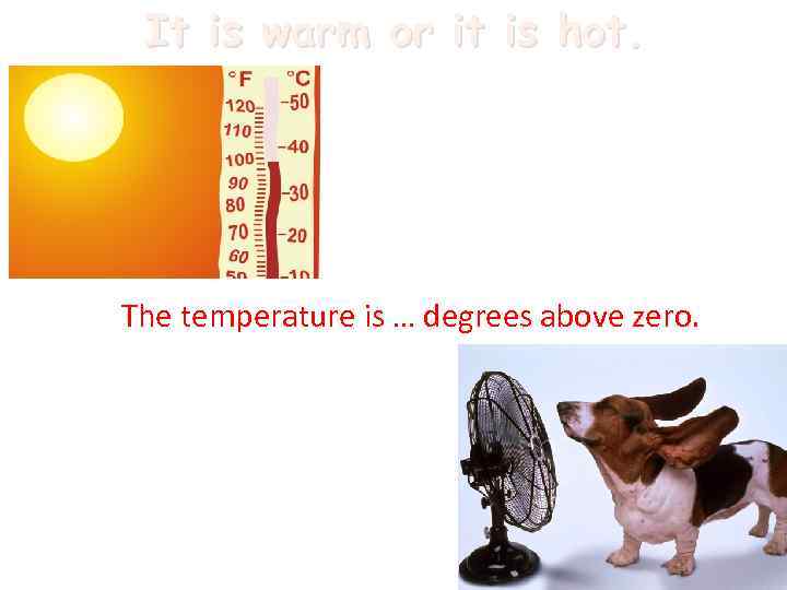 It is warm or it is hot. The temperature is … degrees above zero.