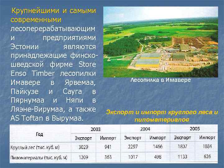 Крупнейшими и самыми современными лесоперерабатывающим и предприятиями Эстонии являются принадлежащие финскошведской фирме Store Enso