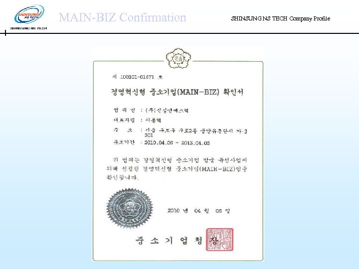 MAIN-BIZ Confirmation SHINSUNG NS TECH Company Profile 