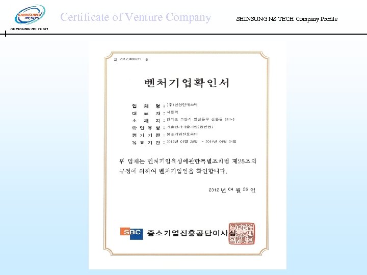 Certificate of Venture Company SHINSUNG NS TECH Company Profile 