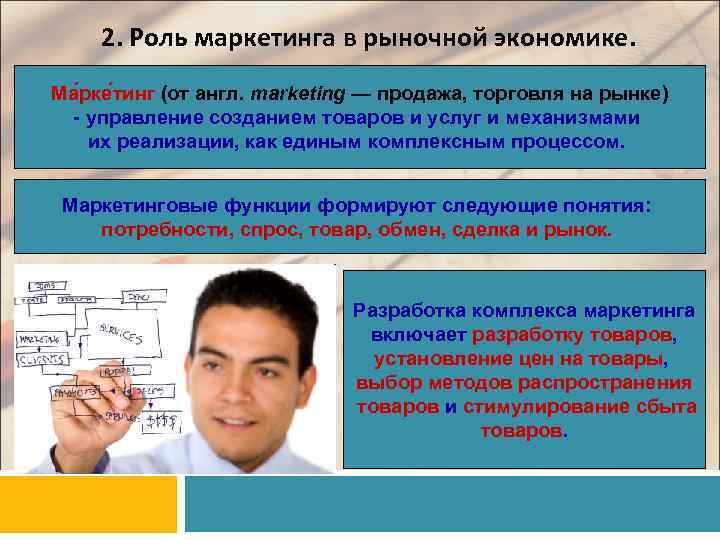 2. Роль маркетинга в рыночной экономике. Ма рке тинг (от англ. marketing — продажа,