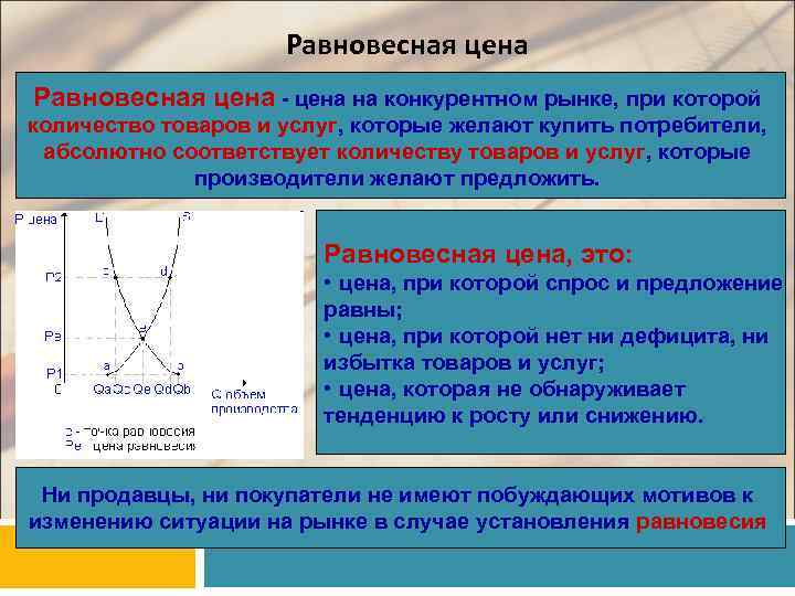 Равновесная цена - цена на конкурентном рынке, при которой количество товаров и услуг, которые