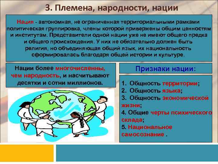 3. Племена, народности, нации Нация - автономная, не ограниченная территориальными рамками политическая группировка, члены