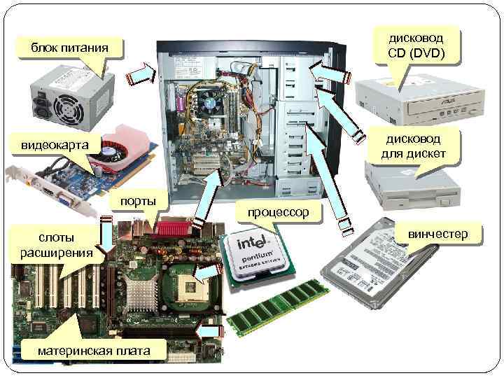 дисковод СD (DVD) блок питания дисковод для дискет видеокарта порты слоты расширения материнская плата