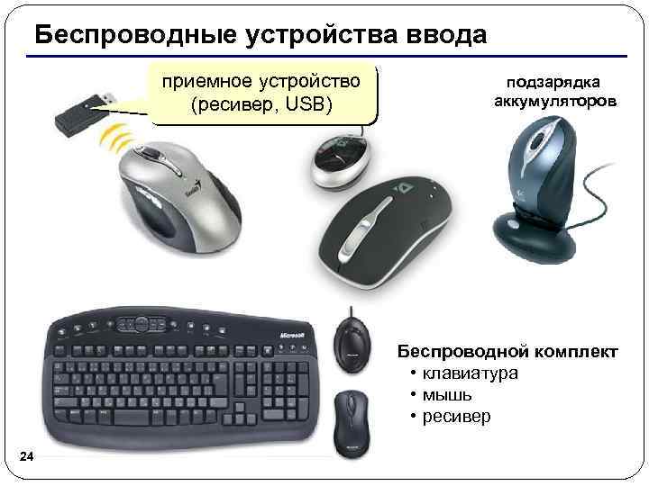 Беспроводные устройства ввода приемное устройство (ресивер, USB) подзарядка аккумуляторов Беспроводной комплект • клавиатура •