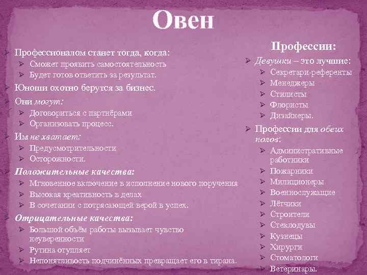 Овен Ø Профессионалом станет тогда, когда: Ø Сможет проявить самостоятельность Ø Будет готов ответить