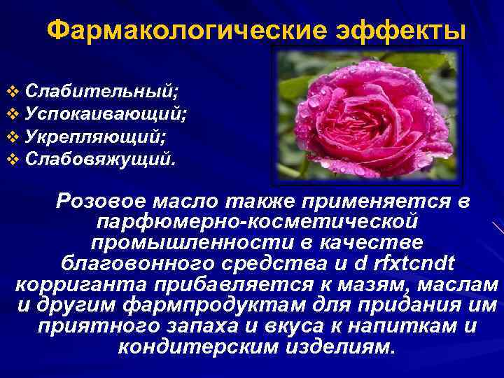 Фармакологические эффекты v Слабительный; v Успокаивающий; v Укрепляющий; v Слабовяжущий. Розовое масло также применяется