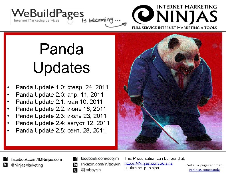 Panda Updates • • Panda Update 1. 0: февр. 24, 2011 Panda Update 2.