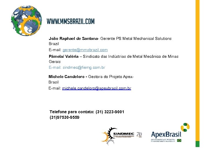 João Raphael de Santana- Gerente PS Metal Mechanical Solutions Brazil E-mail: gerente@mmsbrazil. com Pâmela/