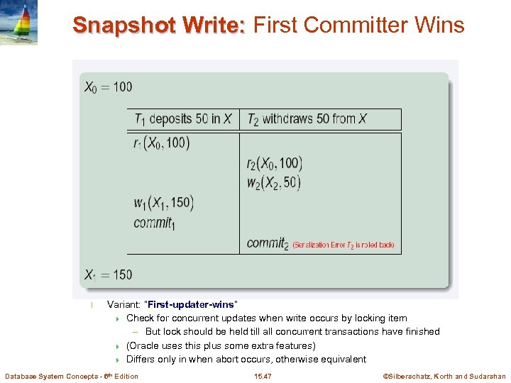 Snapshot Write: First Committer Wins l Variant: “First-updater-wins” 4 Check for concurrent updates when