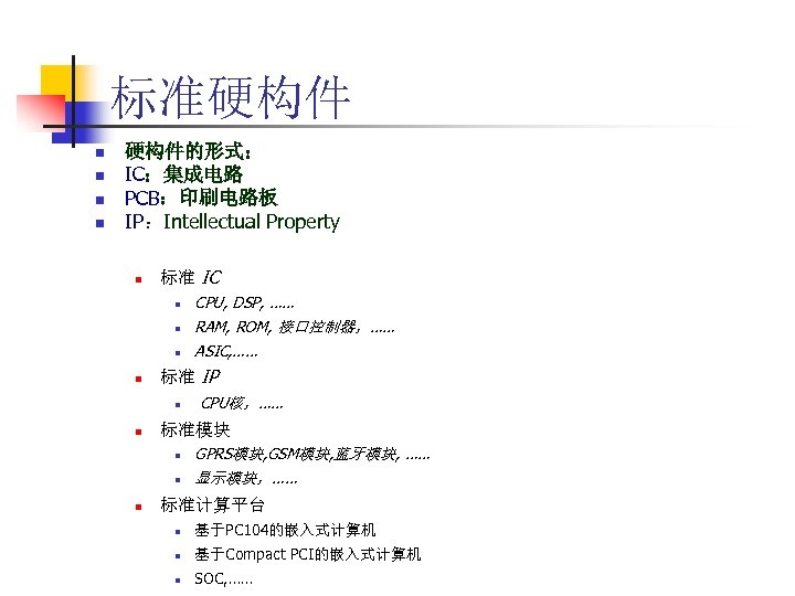 标准硬构件 n n 硬构件的形式： IC：集成电路 PCB：印刷电路板 IP：Intellectual Property n 标准 IC n n 标准