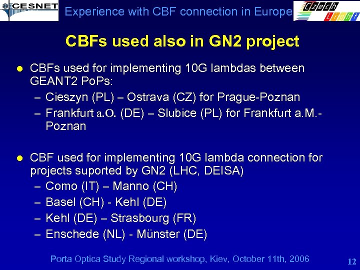 Experience with CBF connection in Europe CBFs used also in GN 2 project l