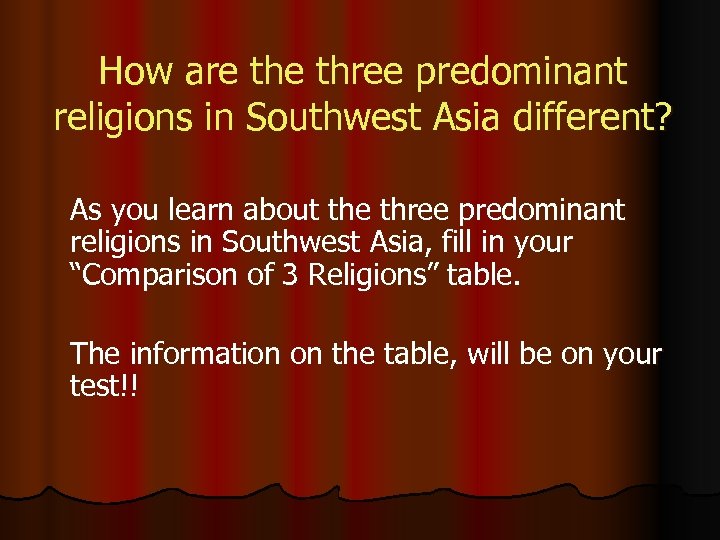 How are three predominant religions in Southwest Asia different? As you learn about the