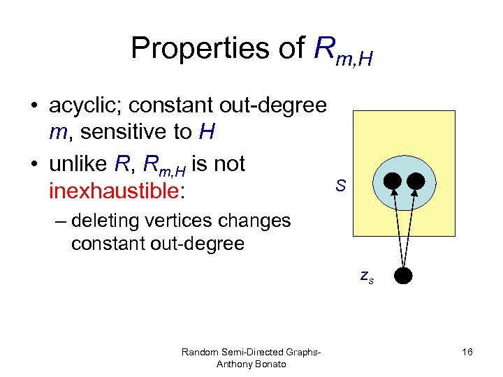 Properties of Rm, H • acyclic; constant out-degree m, sensitive to H • unlike