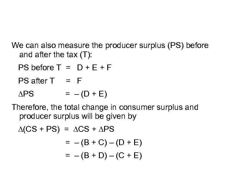 We can also measure the producer surplus (PS) before and after the tax (T):