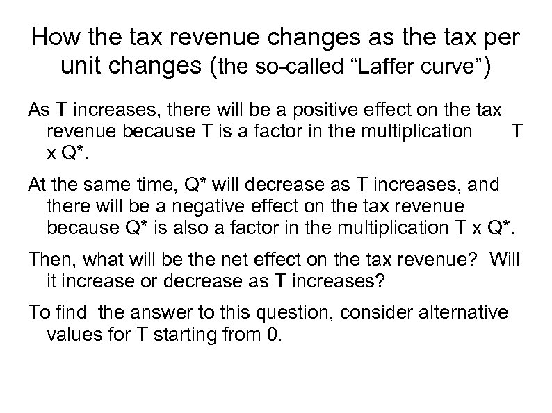 How the tax revenue changes as the tax per unit changes (the so-called “Laffer