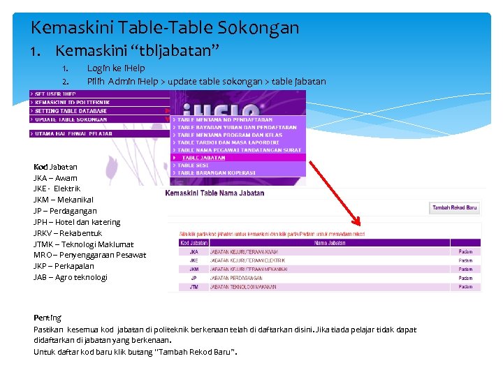 Kemaskini Table-Table Sokongan 1. Kemaskini “tbljabatan” 1. 2. Login ke i. Help Pilih Admin