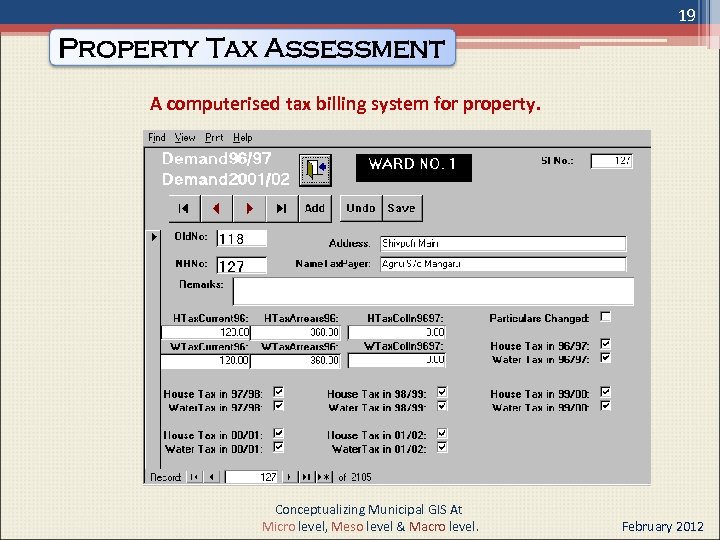 19 Property Tax Assessment A computerised tax billing system for property. Conceptualizing Municipal GIS
