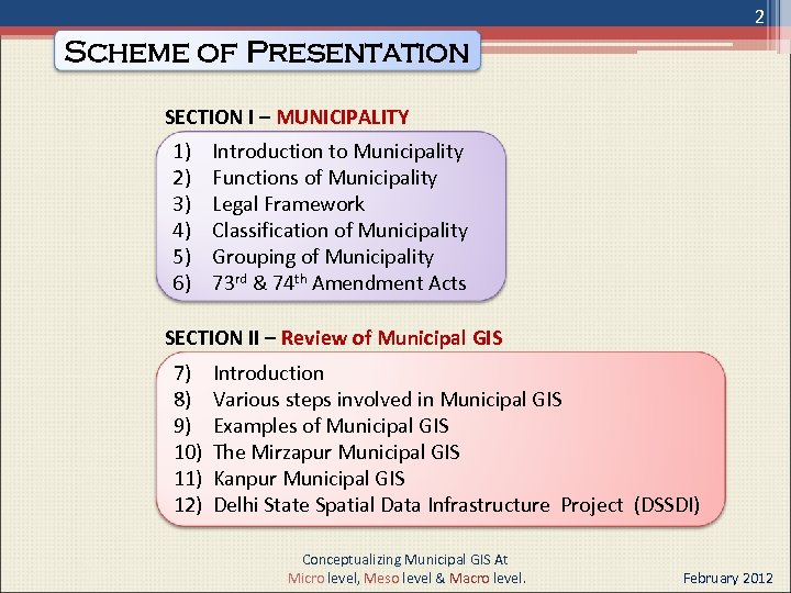 2 Scheme of Presentation SECTION I – MUNICIPALITY 1) 2) 3) 4) 5) 6)