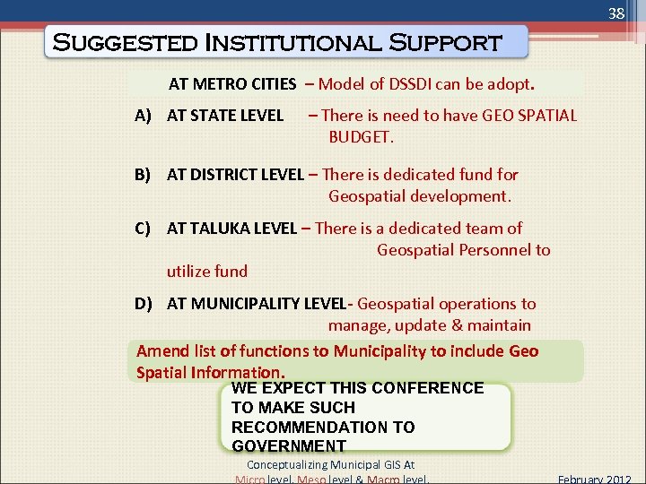 38 Suggested Institutional Support AT METRO CITIES – Model of DSSDI can be adopt.