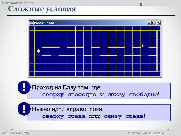 Исполнитель Робот Сложные условия ! ! К. Поляков, 2012 33 Проход на Базу там,