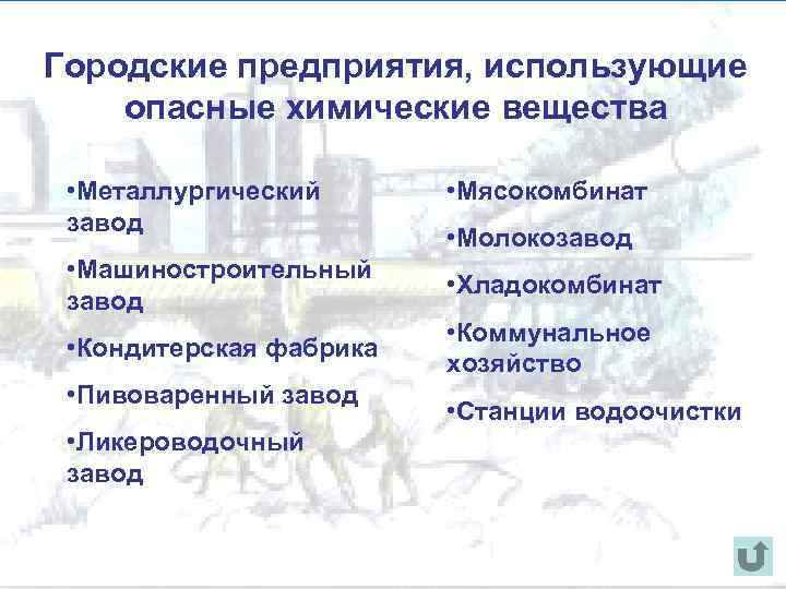 Городские предприятия, использующие опасные химические вещества • Металлургический завод • Мясокомбинат • Молокозавод •