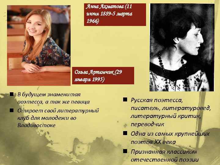 Анна Ахматова (11 июня 1889 -5 марта 1966) Ольга Артемчик (29 января 1995) n