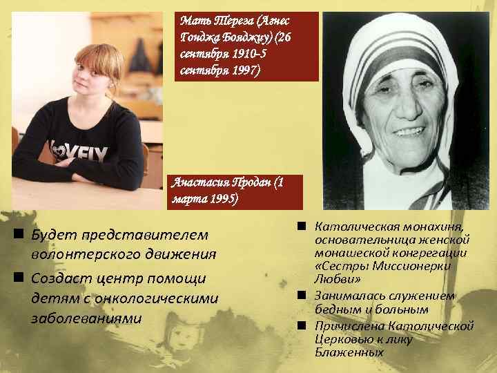 Мать Тереза (Агнес Гонджа Бояджиу) (26 сентября 1910 -5 сентября 1997) Анастасия Продан (1