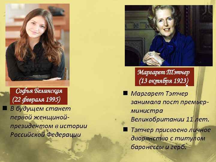 Маргарет Тэтчер (13 октября 1923) Софья Белинская (22 февраля 1995) n В будущем станет