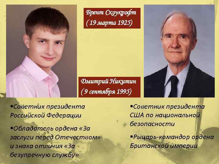 Брент Скоукрофт ( 19 марта 1925) Дмитрий Никитин ( 9 сентября 1995) §Советник президента