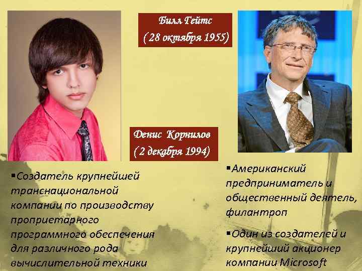 Билл Гейтс ( 28 октября 1955) Денис Корнилов ( 2 декабря 1994) §Создатель крупнейшей