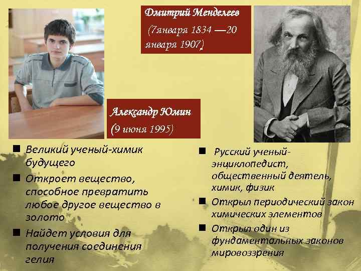 Дмитрий Менделеев (7 января 1834 — 20 января 1907) Александр Юмин (9 июня 1995)