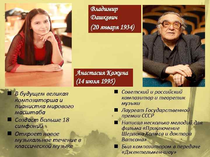 Владимир Дашкевич (20 января 1934) Анастасия Кожина (14 июля 1995) n В будущем великая