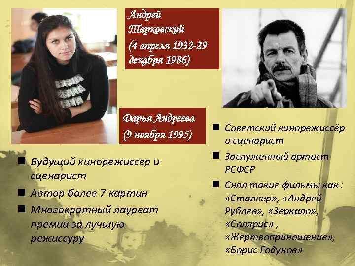 Андрей Тарковский (4 апреля 1932 -29 декабря 1986) Дарья Андреева (9 ноября 1995) n