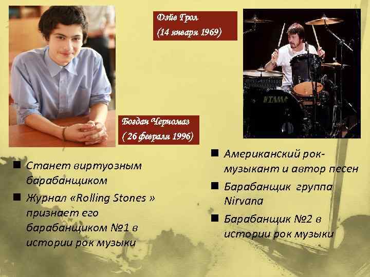 Дэйв Грол (14 января 1969) Богдан Черномаз ( 26 февраля 1996) n Станет виртуозным