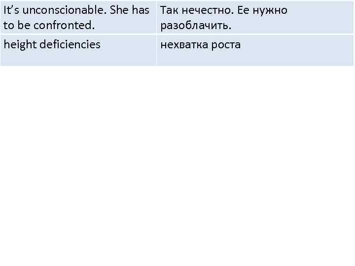 It’s unconscionable. She has Так нечестно. Ее нужно to be confronted. разоблачить. height deficiencies