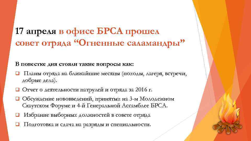 17 апреля в офисе БРСА прошел совет отряда “Огненные саламандры” В повестке дня стояли