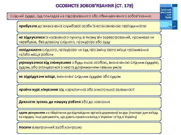Слідчий суддя, суд покладає на підозрюваного або обвинуваченого зобов’язання: прибувати до визначеної службової особи