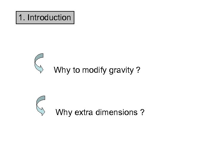 1. Introduction Why to modify gravity ? Why extra dimensions ? 