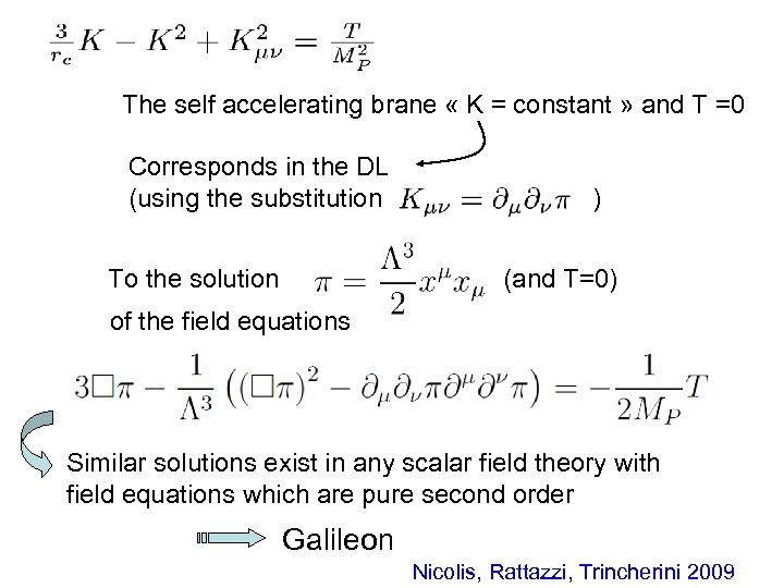 The self accelerating brane « K = constant » and T =0 Corresponds in