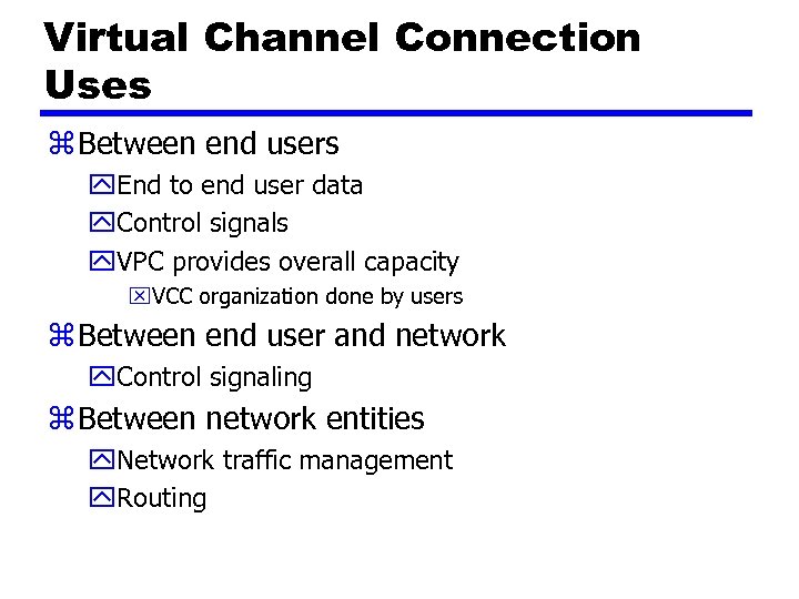 Virtual Channel Connection Uses z Between end users y. End to end user data