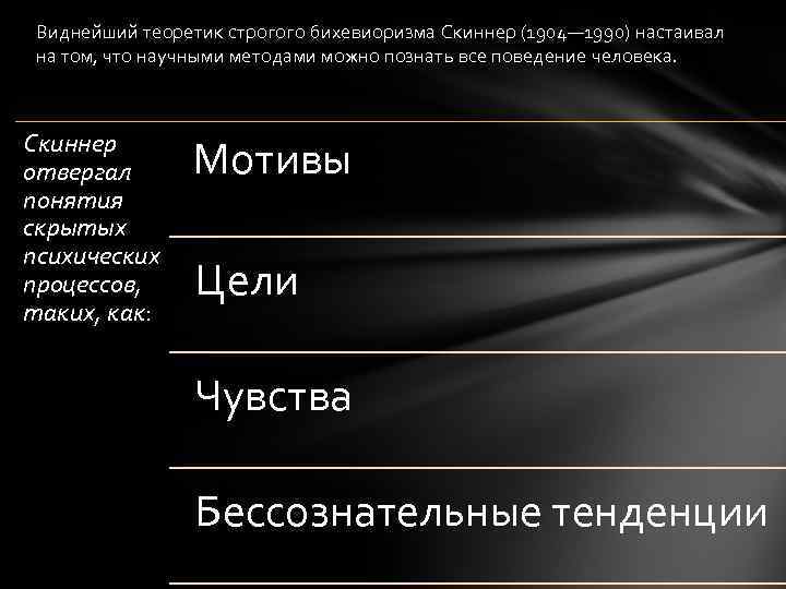 Виднейший теоретик строгого бихевиоризма Скиннер (1904— 1990) настаивал на том, что научными методами можно