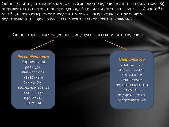 Скиннер считал, что экспериментальный анализ поведения животных (крыс, голубей) позволит открыть принципы поведения, общие