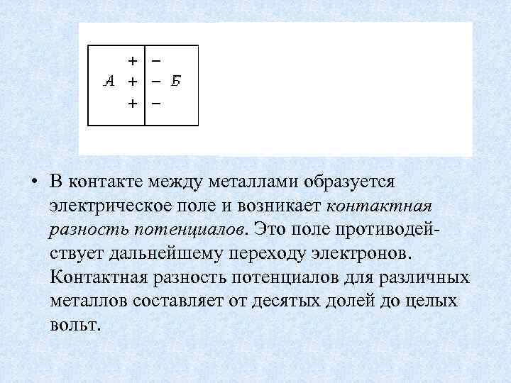 • В контакте между металлами образуется электрическое поле и возникает контактная разность потенциалов.