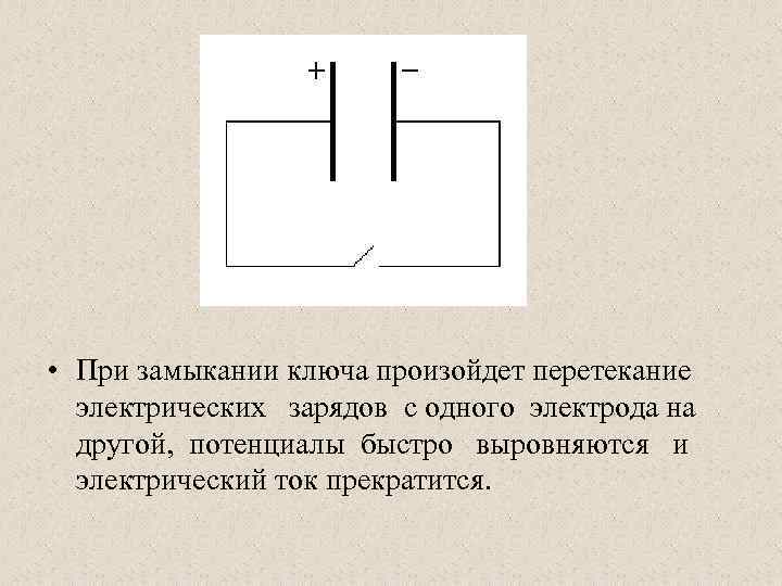  • При замыкании ключа произойдет перетекание электрических зарядов с одного электрода на другой,