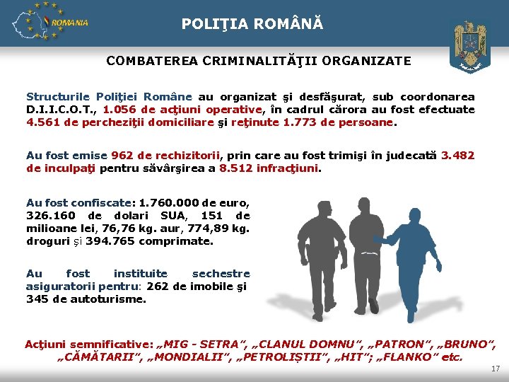 ROMANIA POLIŢIA ROM NĂ COMBATEREA CRIMINALITĂŢII ORGANIZATE Structurile Poliţiei Române au organizat şi desfăşurat,