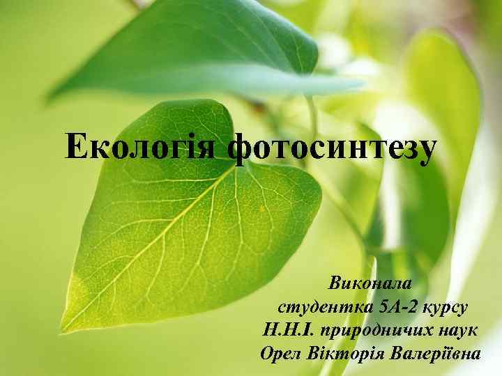 Екологія фотосинтезу Виконала студентка 5 А-2 курсу Н. Н. І. природничих наук Орел Вікторія