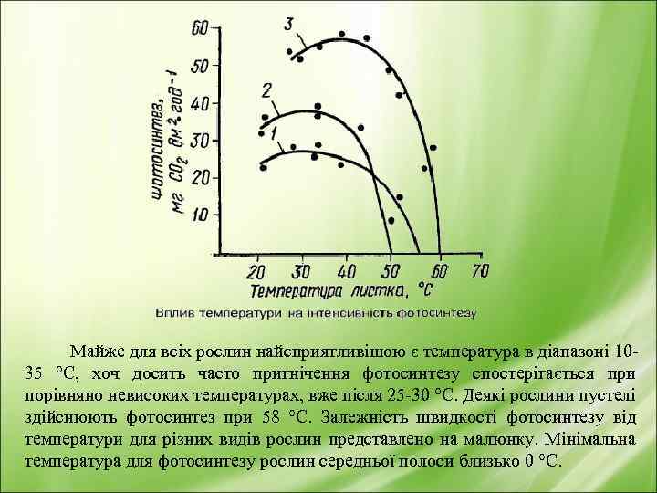 Майже для всіх рослин найсприятливішою є температура в діапазоні 1035 °С, хоч досить часто