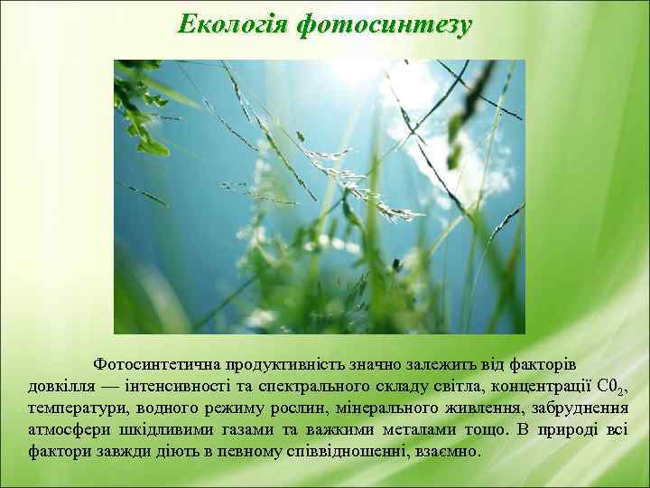 Екологія фотосинтезу Фотосинтетична продуктивність значно залежить від факторів довкілля — інтенсивності та спектрального складу