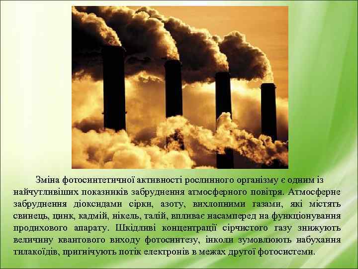 Зміна фотосинтетичної активності рослинного організму є одним із найчутливіших показників забруднення атмосферного повітря. Атмосферне